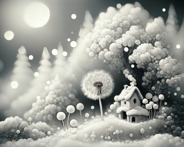 Whimsical House Surrounded by Oversized Trees and Fog