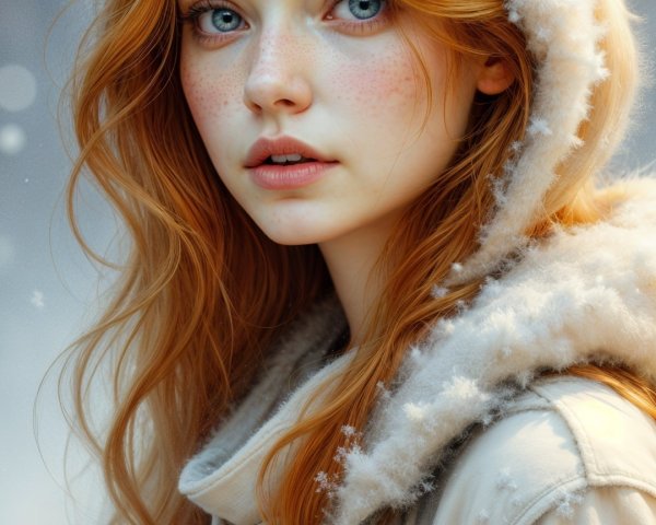 Young woman with red hair in snowy winter setting