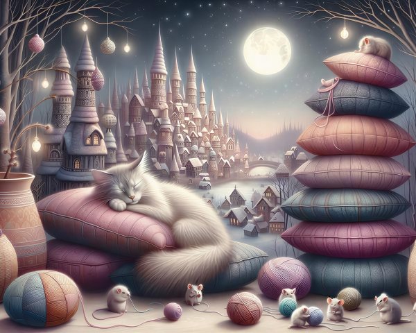 Whimsical Fantasy Scene with Cat and Castle Town