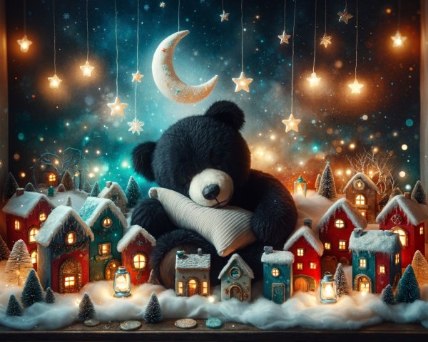 Cozy Winter Scene with Bear and Snowy Village