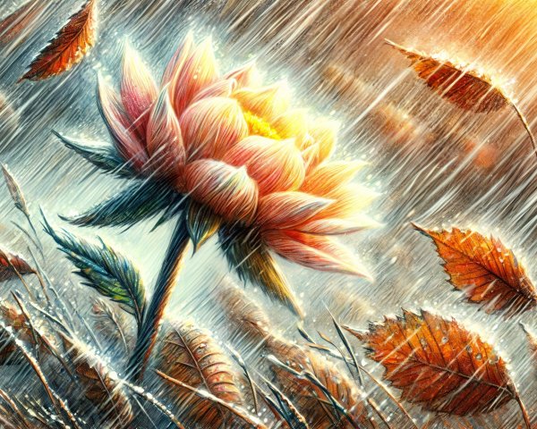 Lotus Flower Resilient in Rainy Autumn Scene
