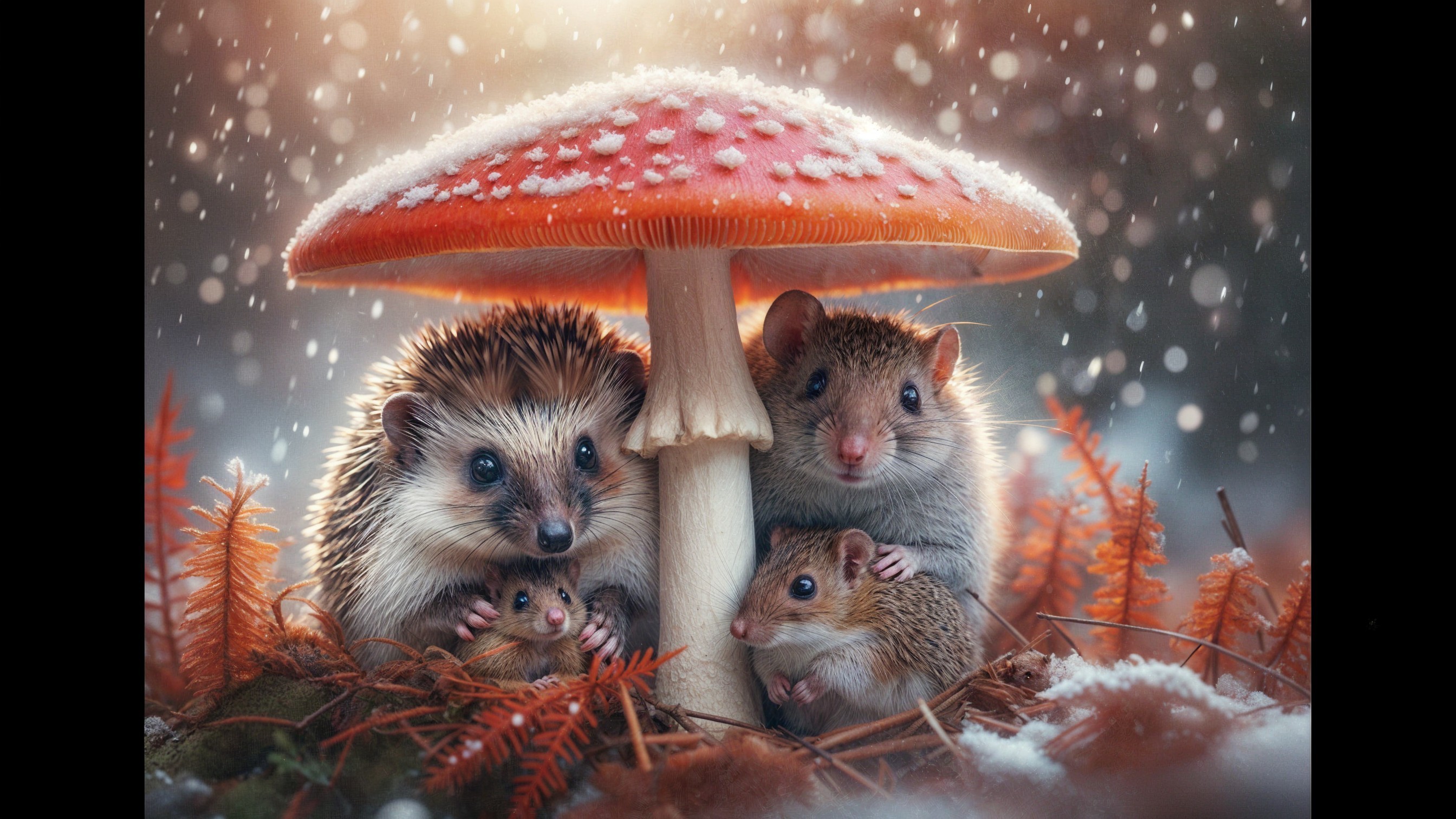Hedgehogs Under Mushroom in a Snowy Forest Scene