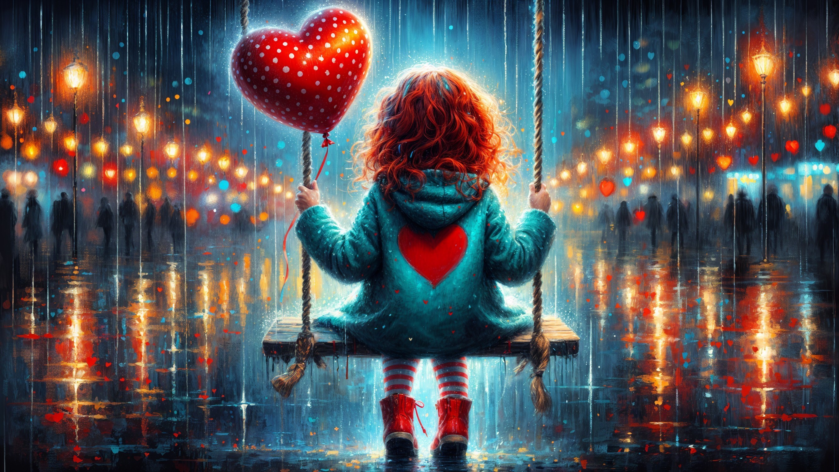 Young girl on swing with heart balloon in colorful scene