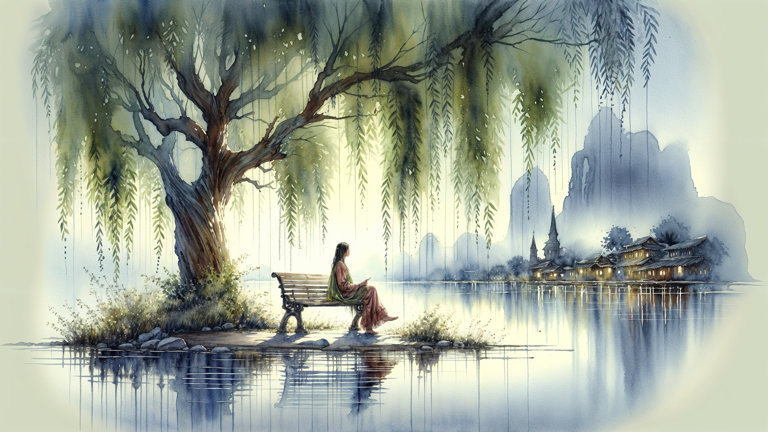 Watercolor Scene of Woman Under Willow Tree