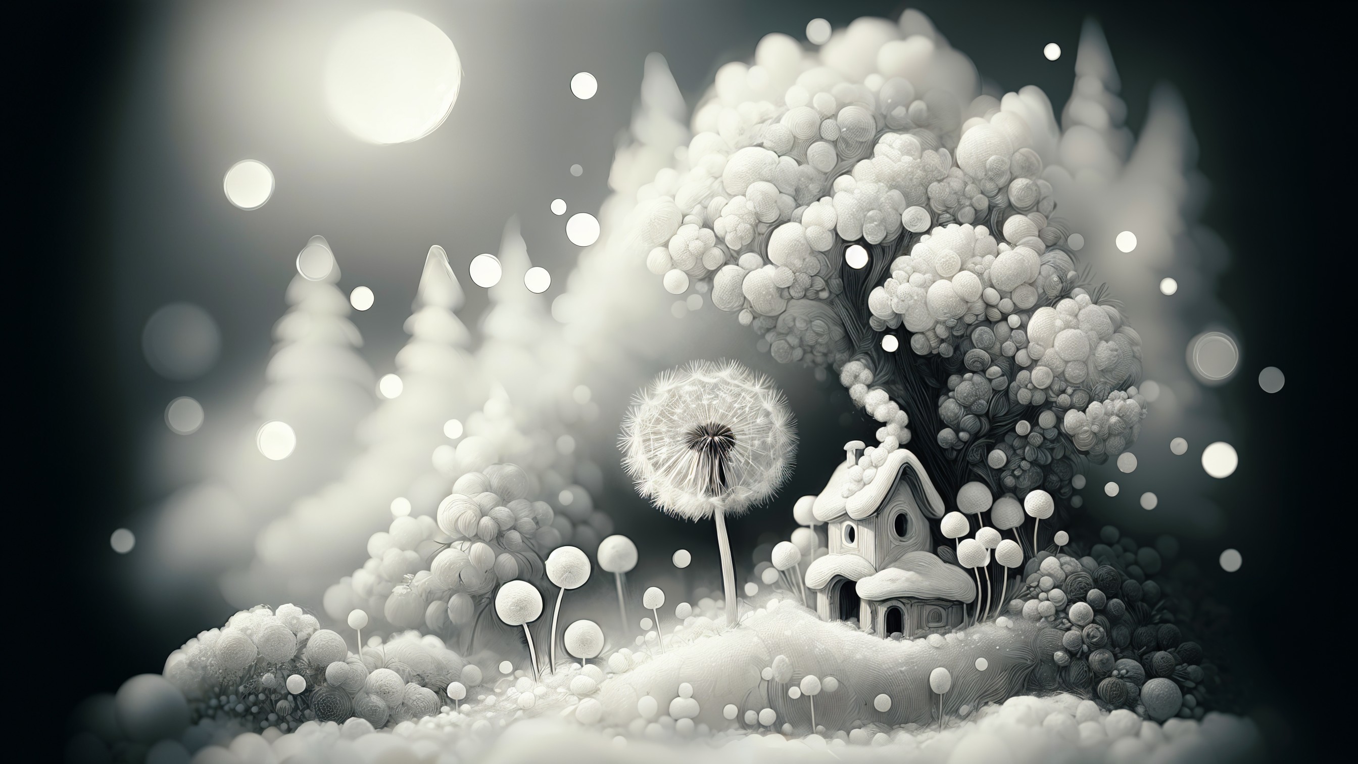 Whimsical House Surrounded by Oversized Trees and Fog