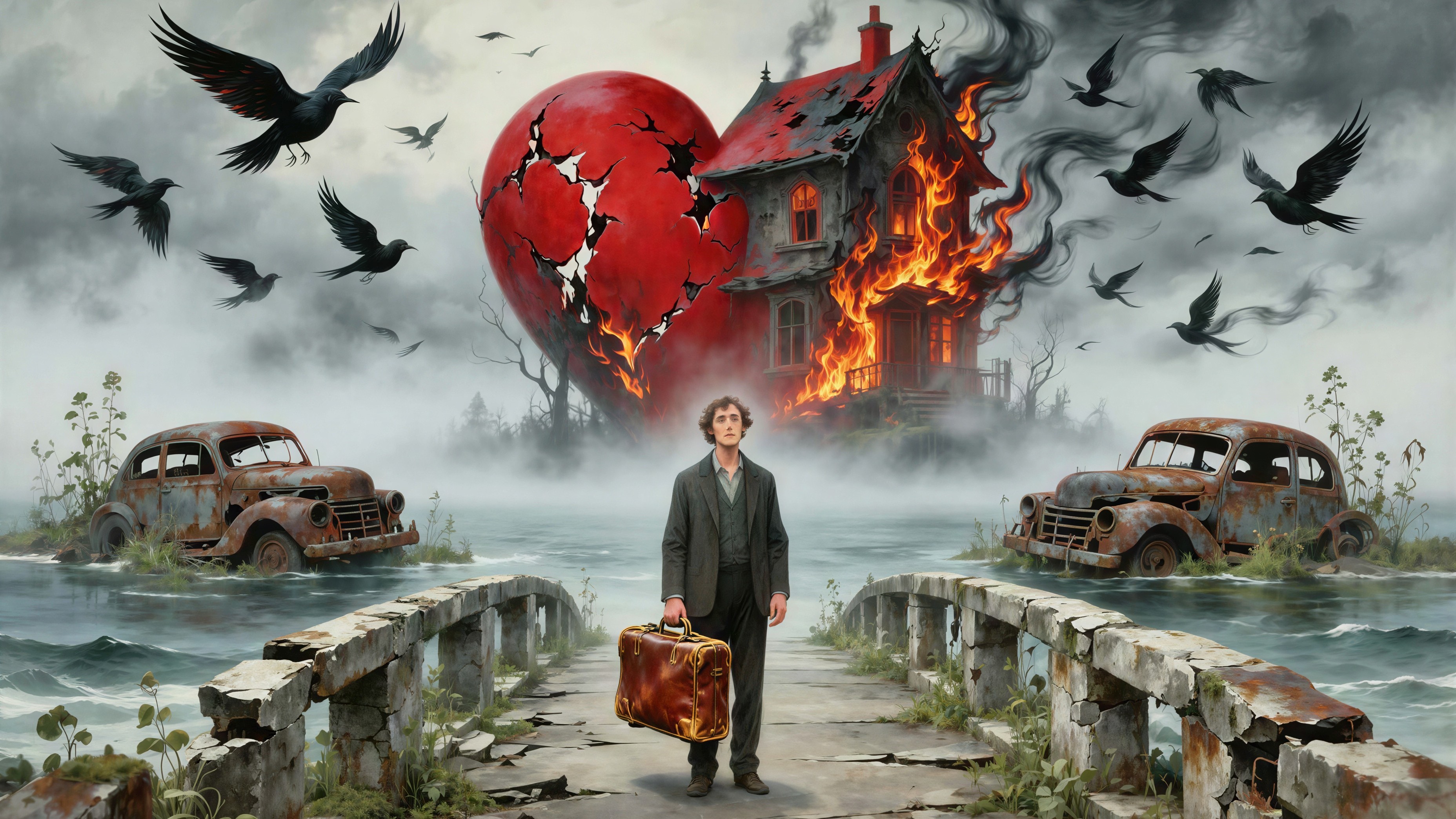 Surreal Digital Painting of a Man on a Crumbling Bridge