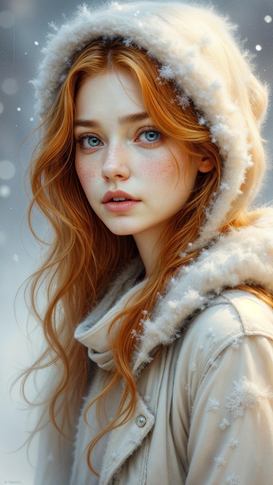 Young woman with red hair in snowy winter setting