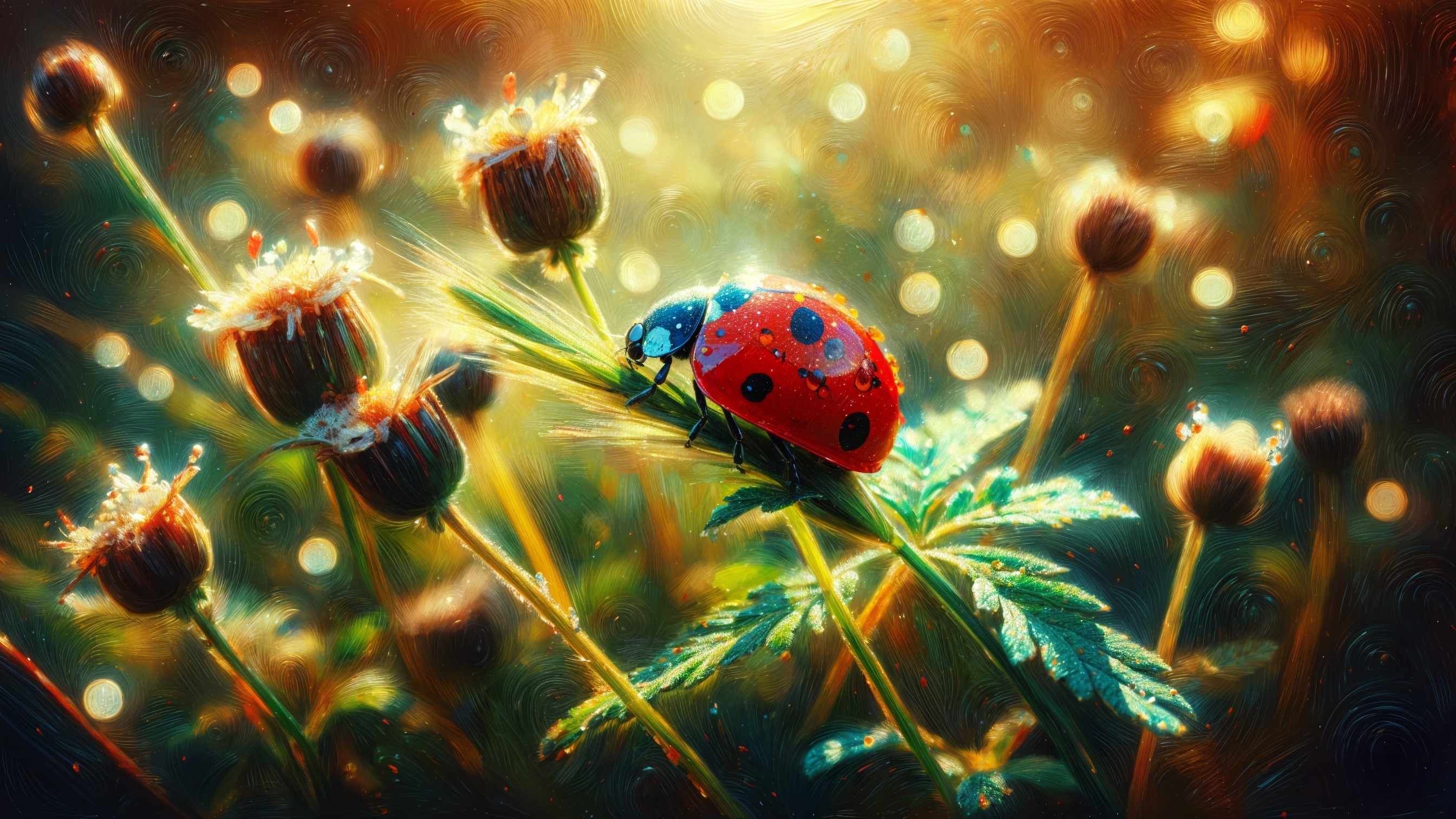 Close-Up of Ladybug on Leaf with Blooming Flowers