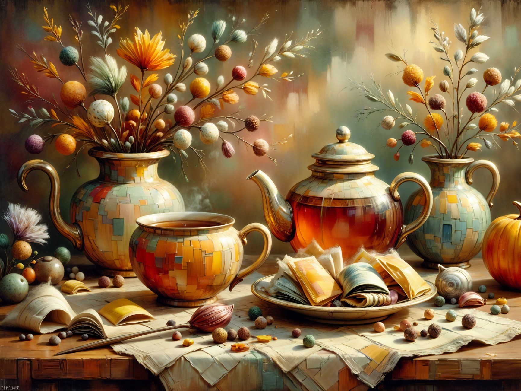 Cozy Still Life with Colorful Teapots and Pastries