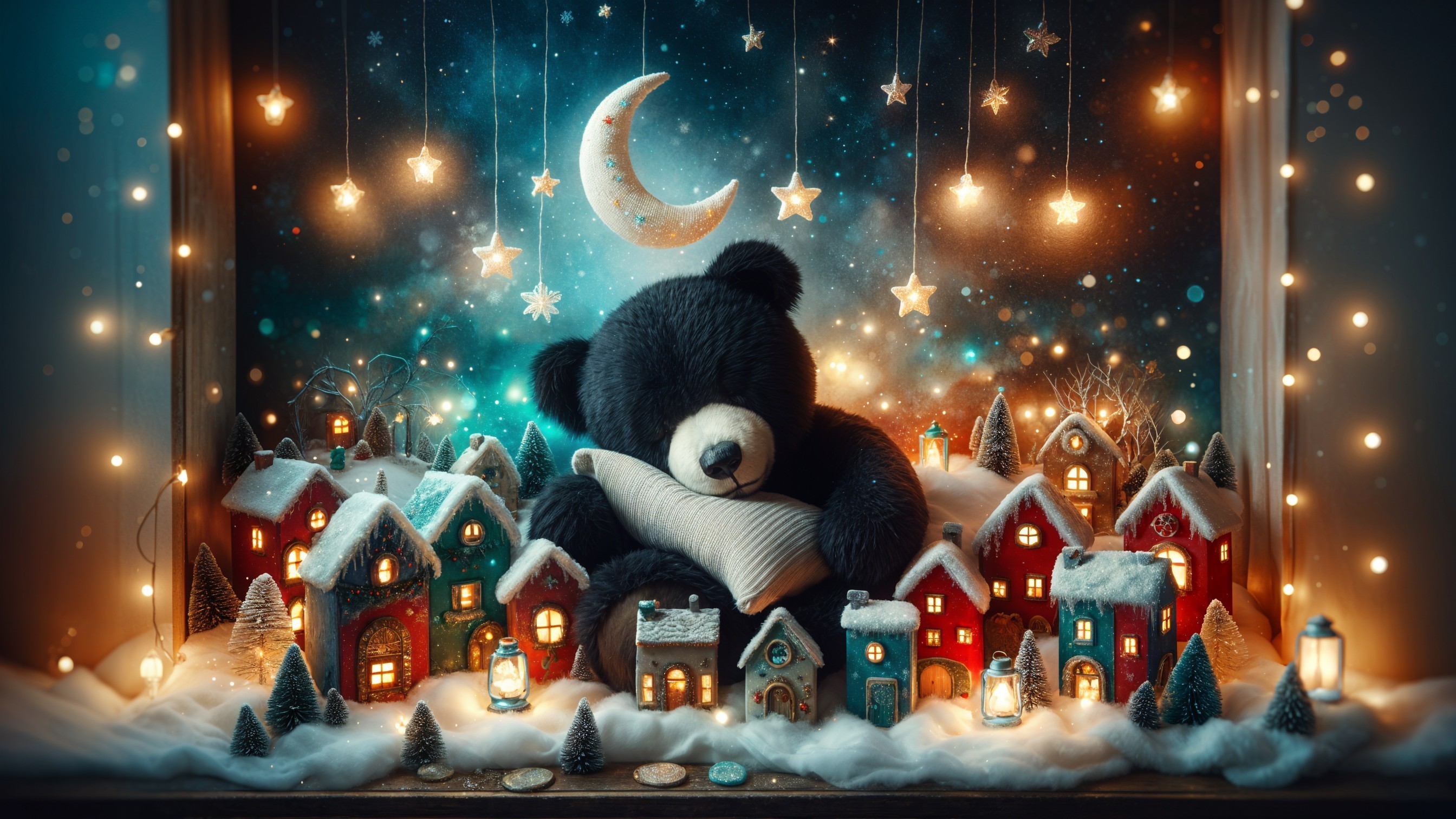 Cozy Winter Scene with Bear and Snowy Village