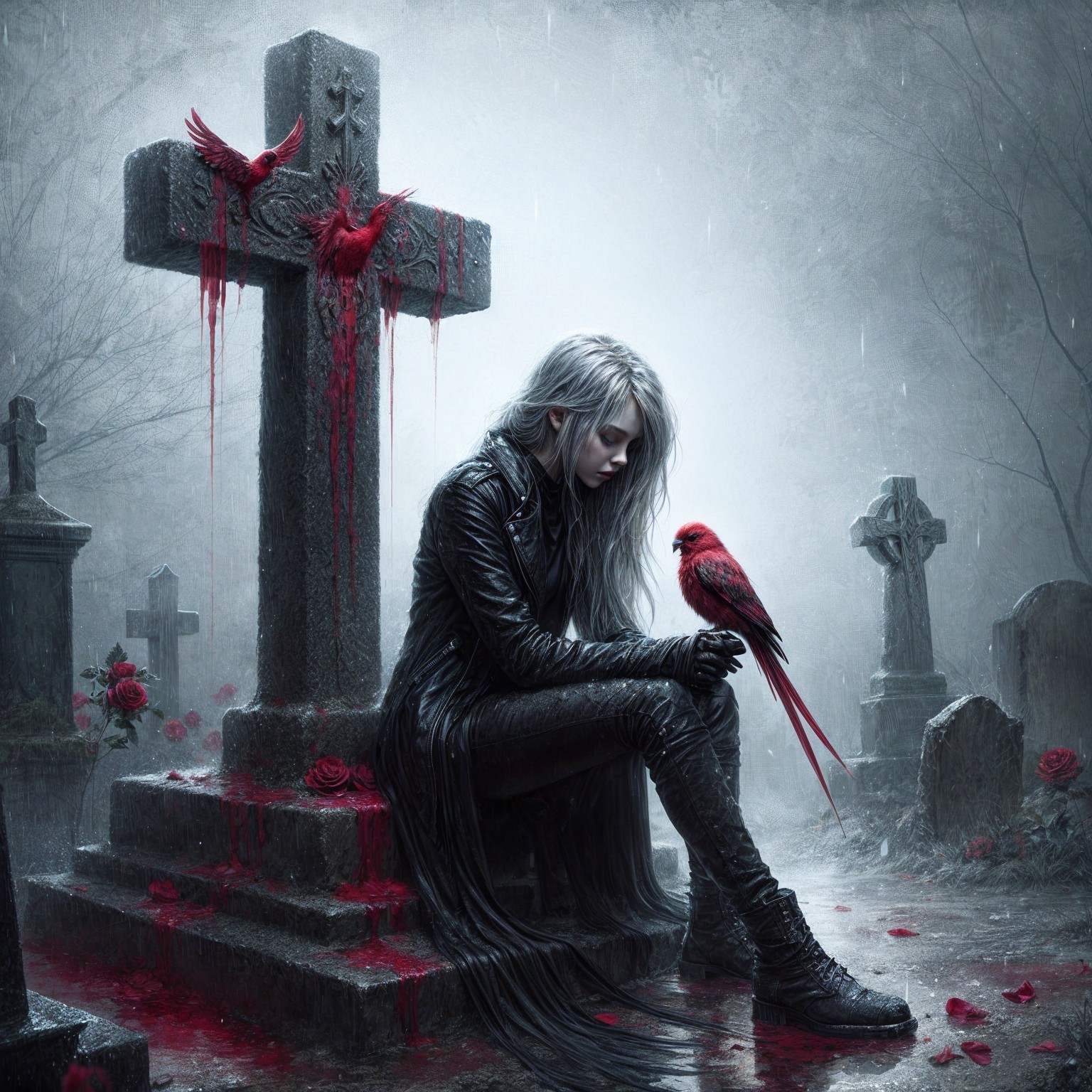 Somber figure in misty graveyard with red birds