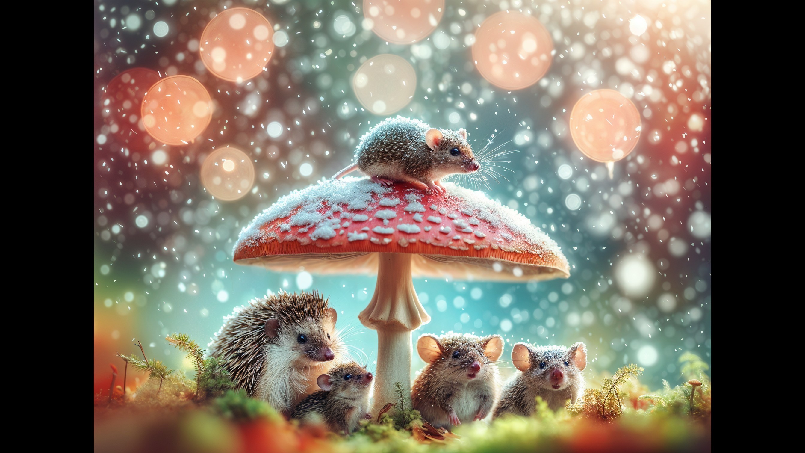 Whimsical Winter Scene with Hedgehogs and Mice