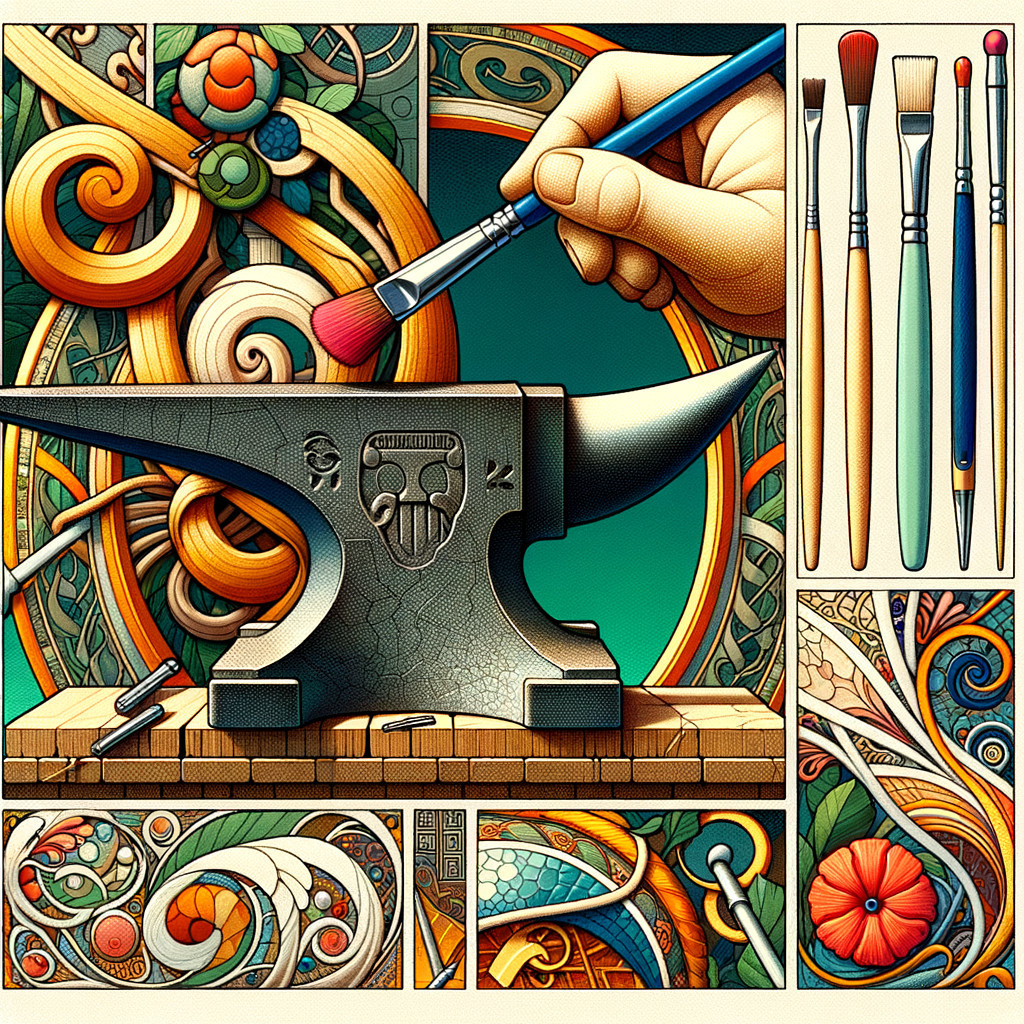 Vibrant Artistic Composition with Anvil and Paintbrushes
