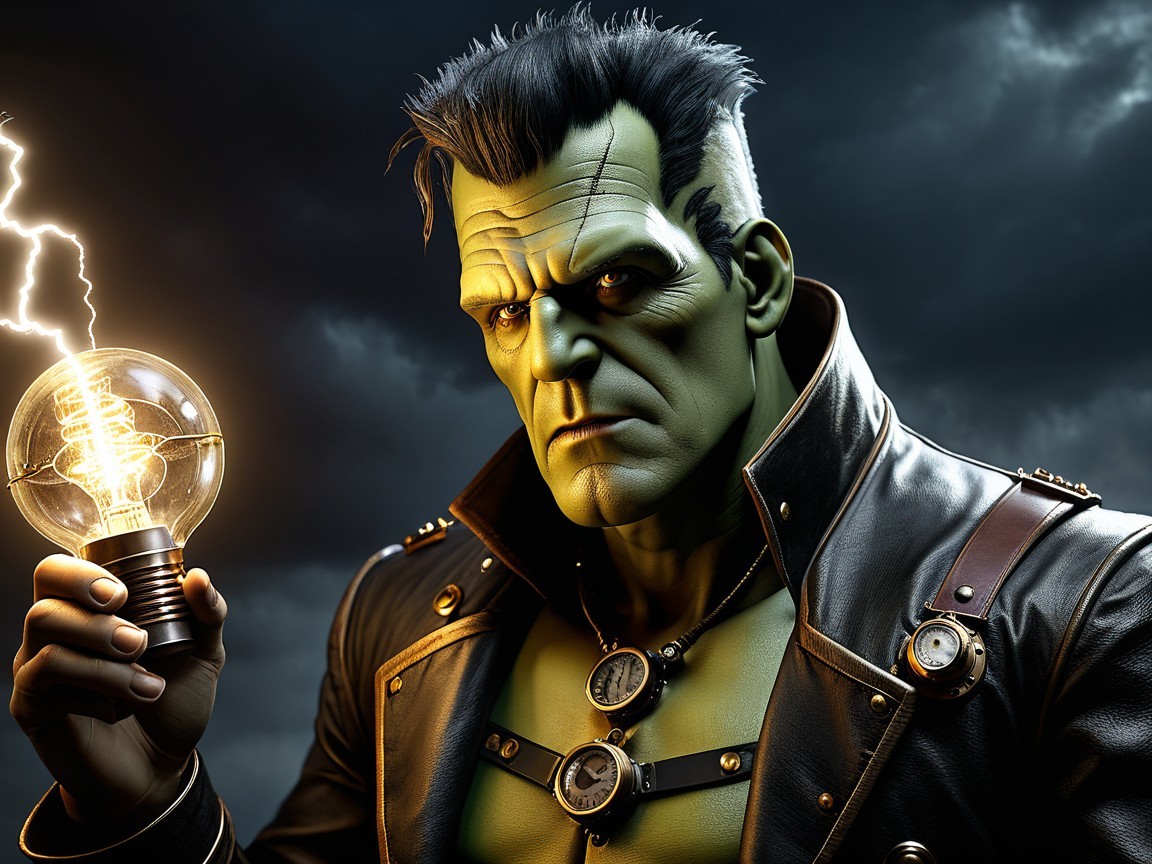 Muscular Green Character with Light Bulb and Stormy Background