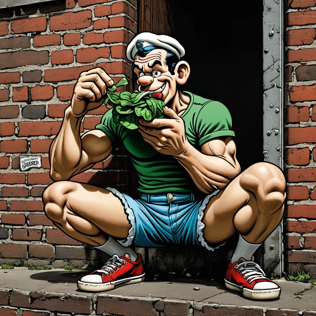Cartoon sailor squatting with spinach outside brick building