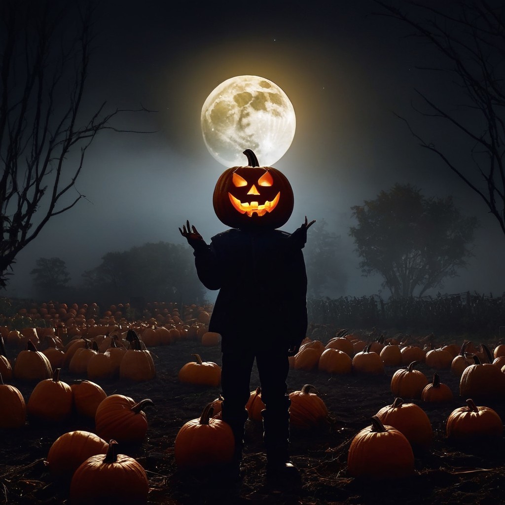 Silhouetted Figure with Pumpkin Head Under Full Moon