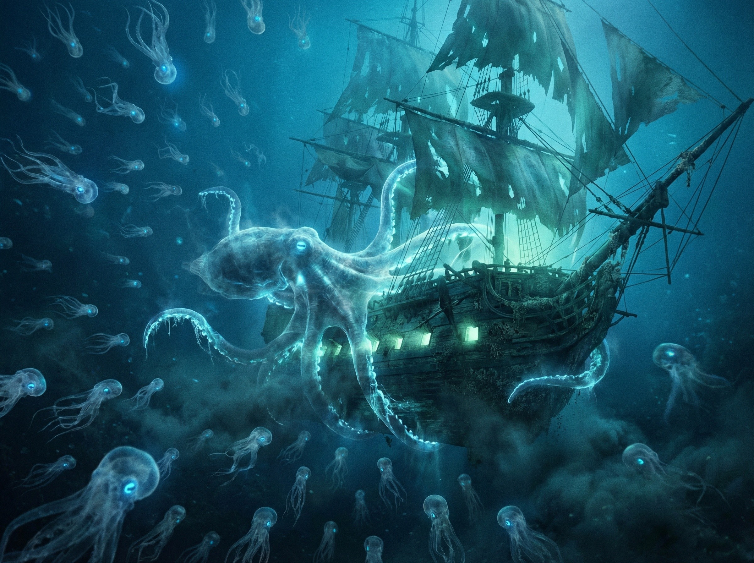 Ghostly Octopus and Bioluminescent Jellyfish in Shipwreck