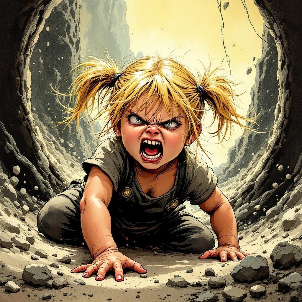 Blonde Girl in Tunnel with Intense Expression and Grit