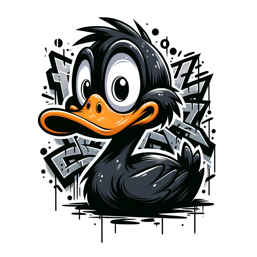 Cartoon Black Duck with Urban Graffiti Elements