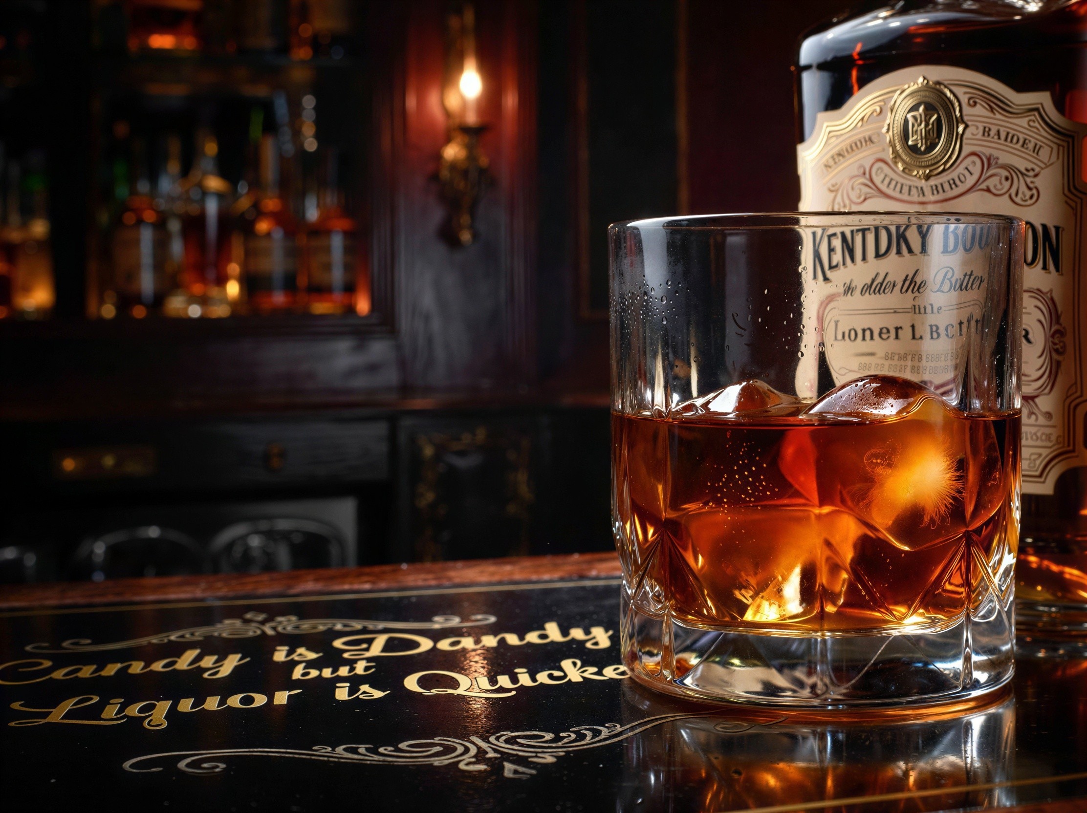 Close-Up of Amber Whiskey with Ice on Bar Counter