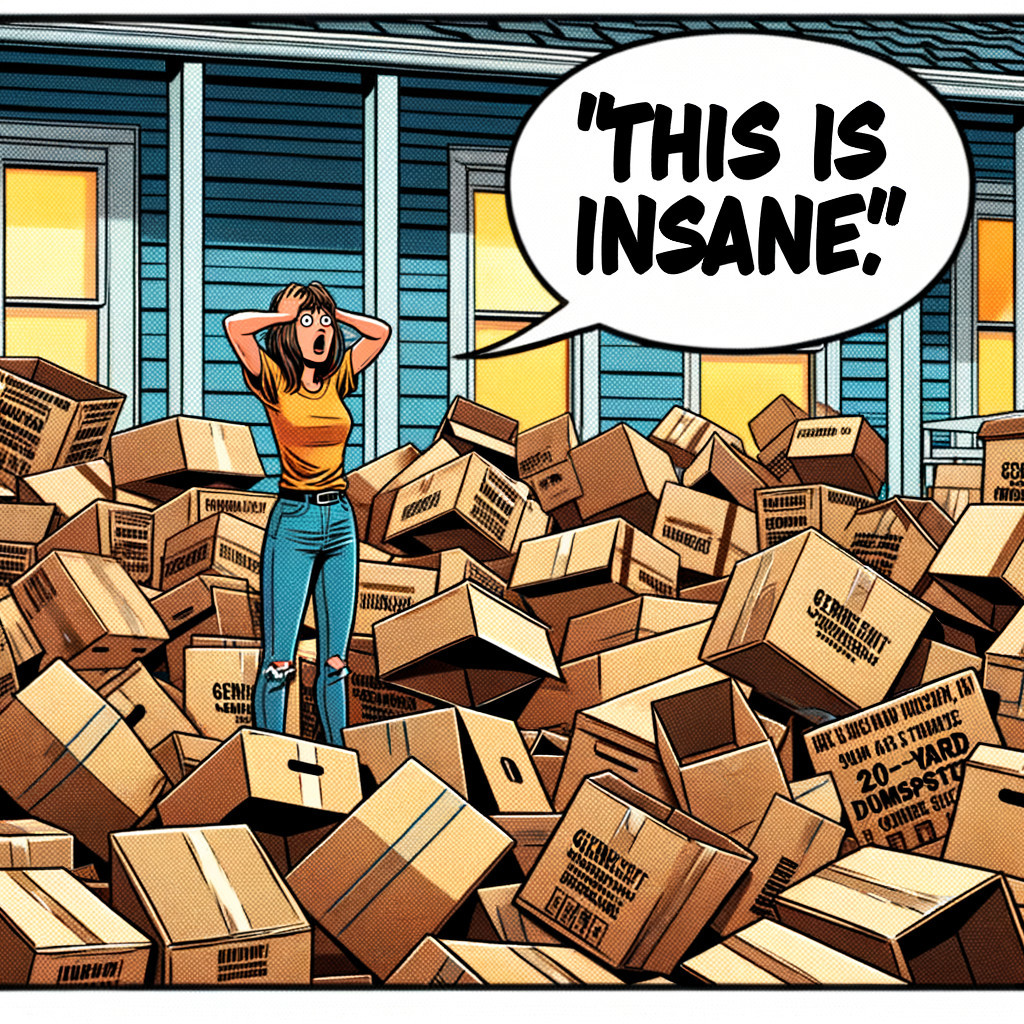 Young woman shocked by chaos of cardboard boxes
