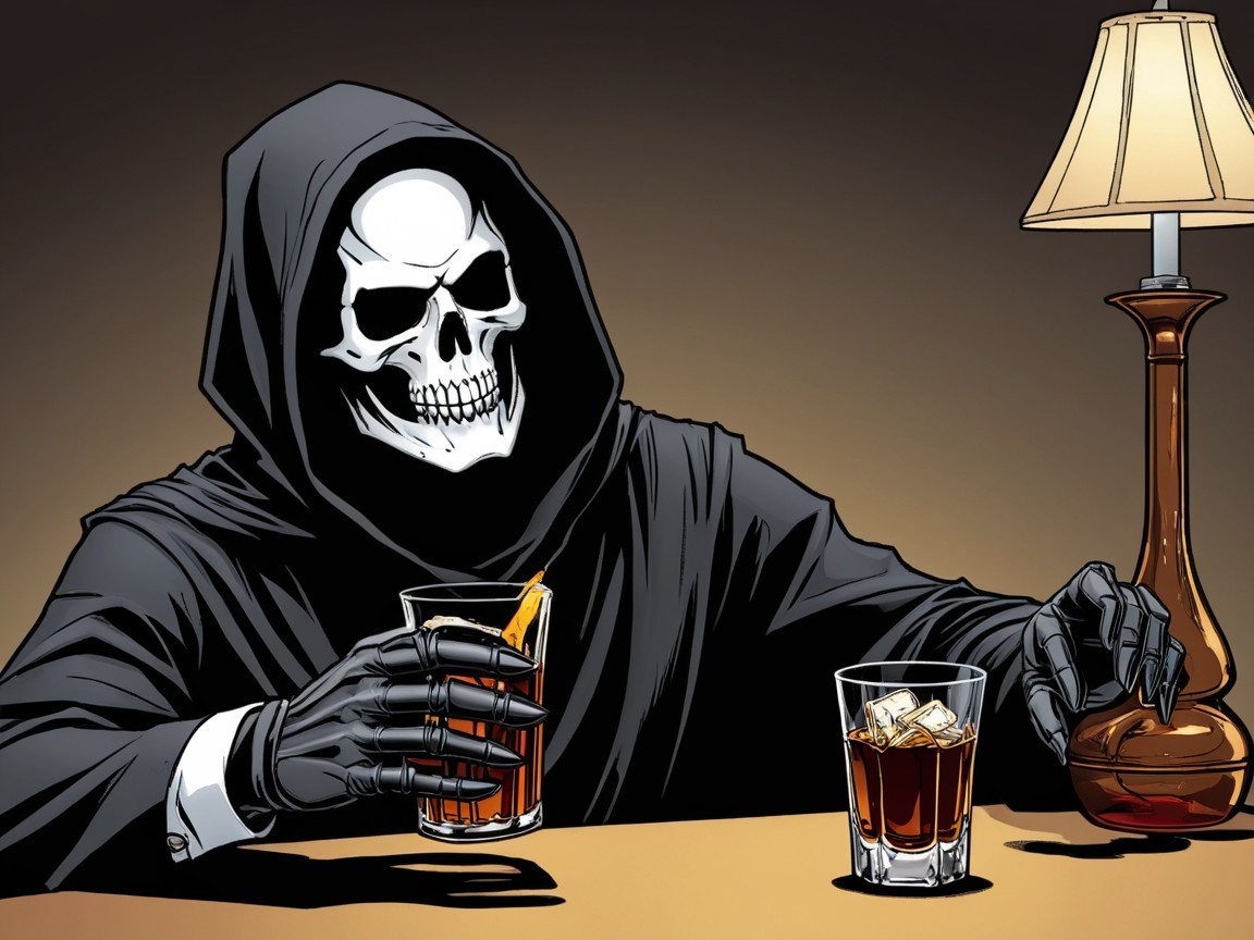 Cloaked Figure with Skull Face at a Bar Setting