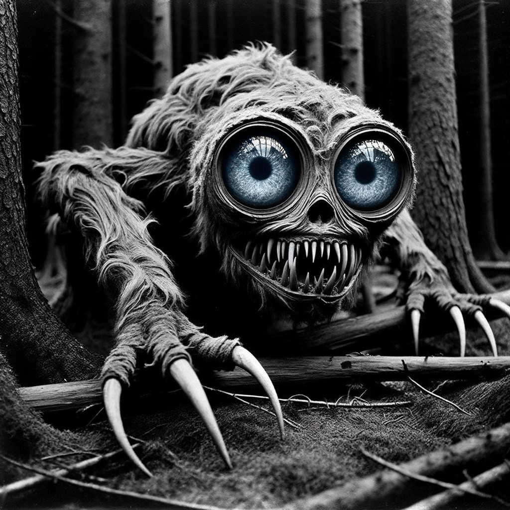 Surreal Creature with Fluffy Fur and Large Blue Eyes