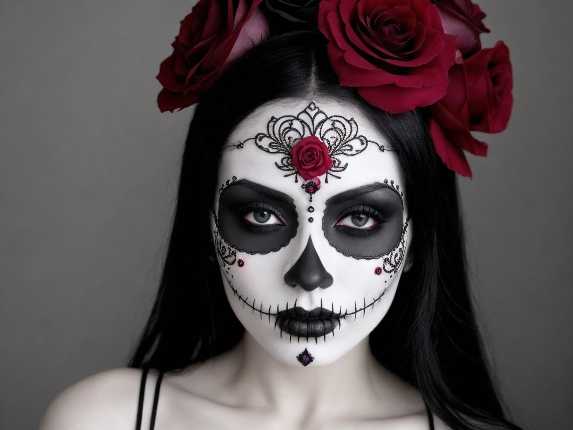 Día de los Muertos Makeup with Skull Design and Roses