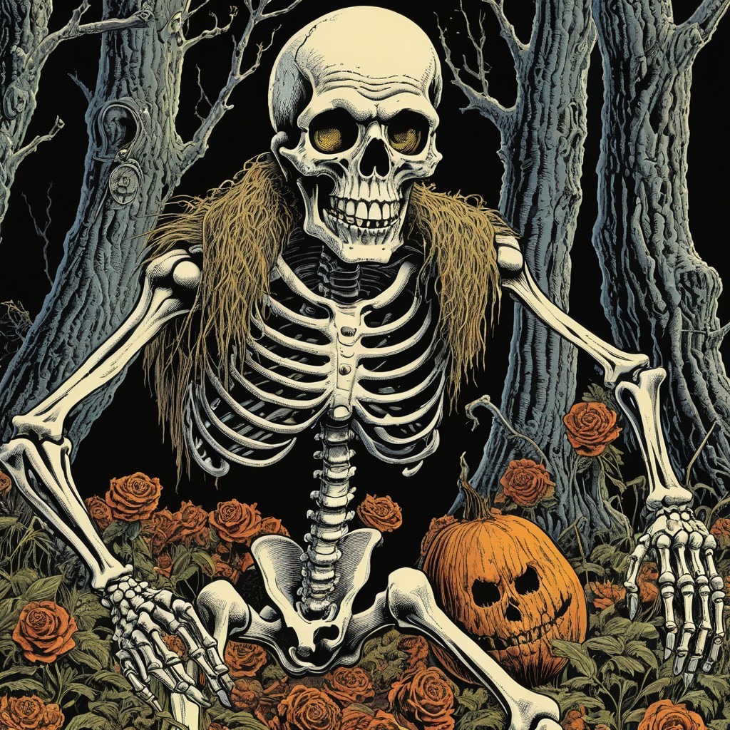 Skeletal Figure Surrounded by Orange Roses and Pumpkin
