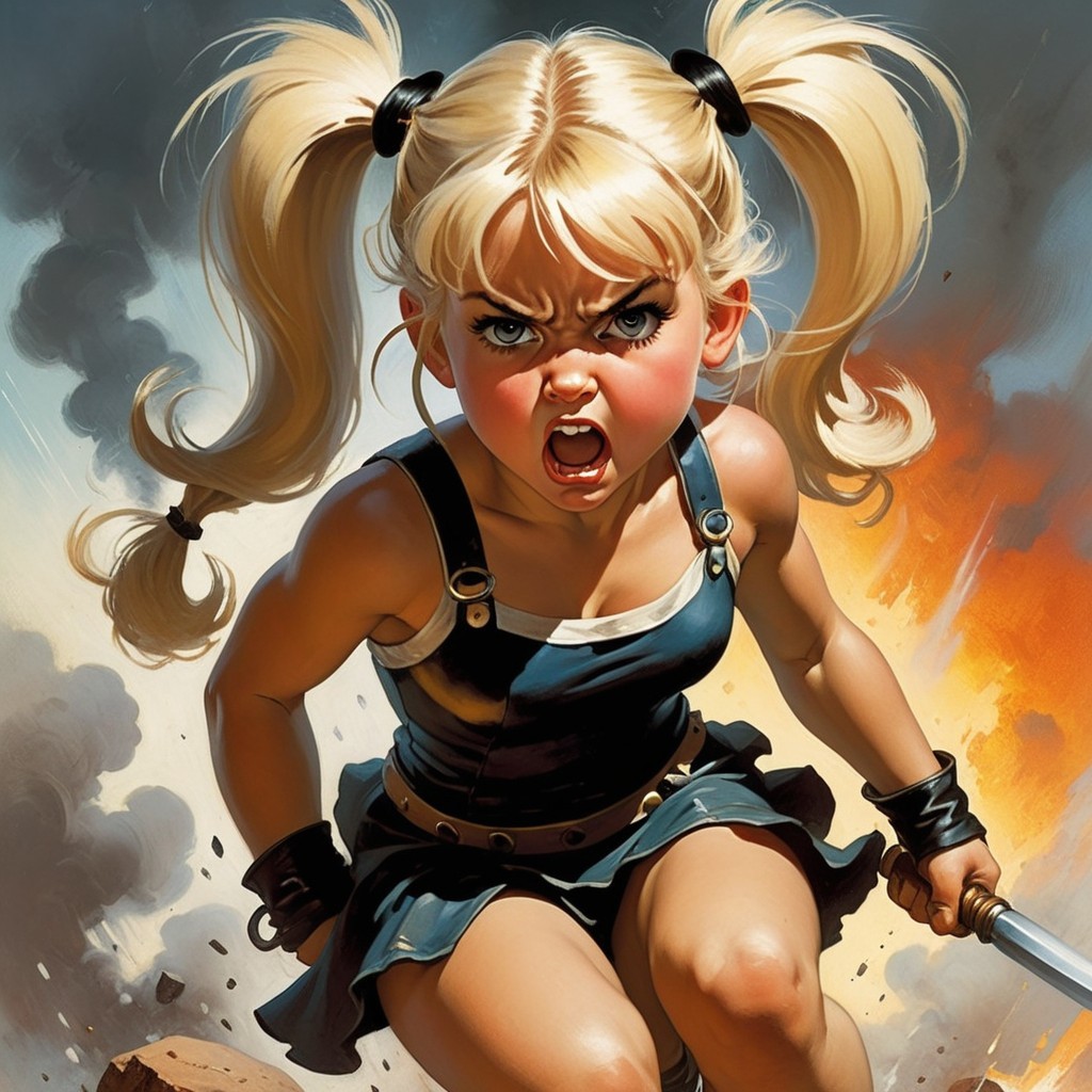 Young girl with sword amidst explosion backdrop