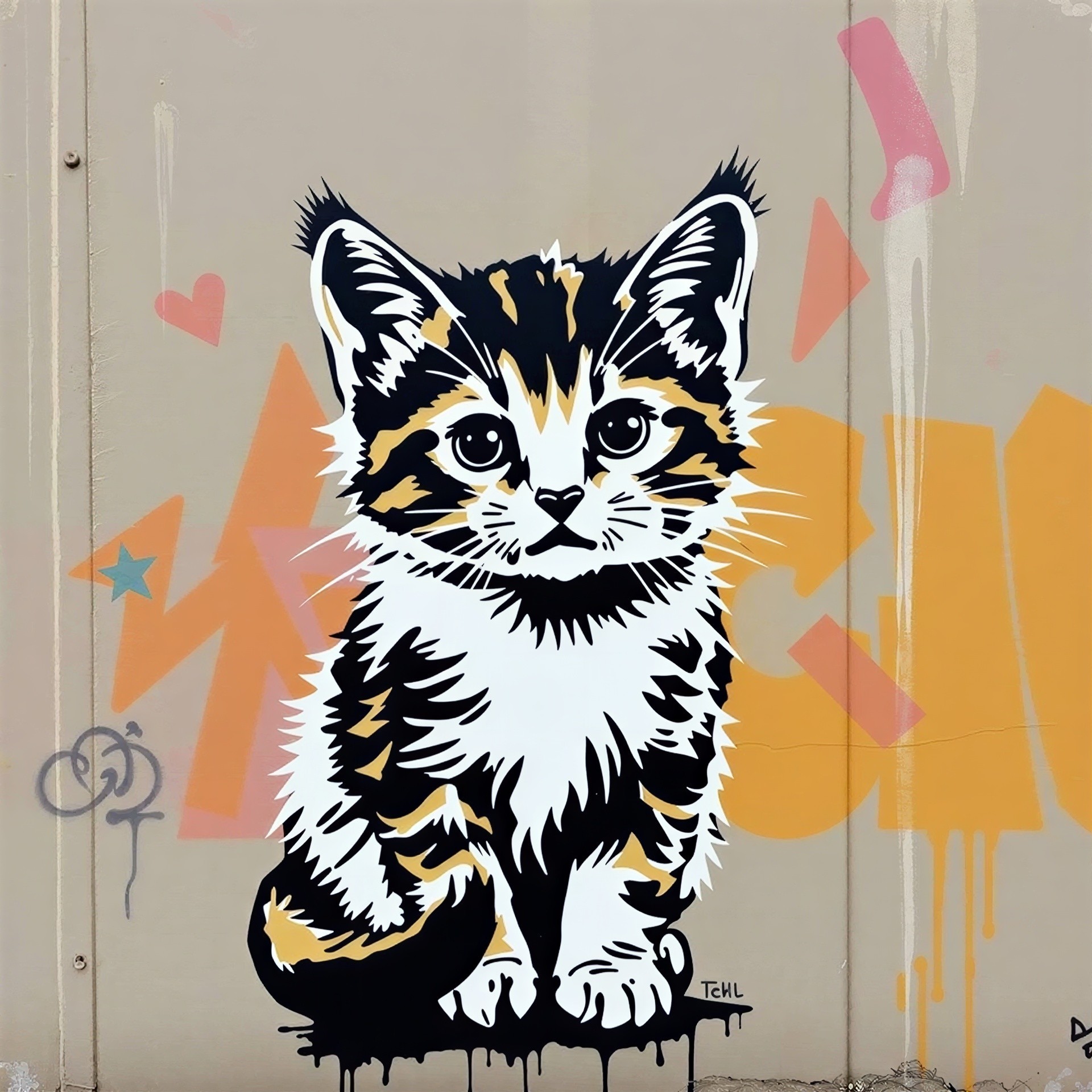 Vibrant Calico Kitten Mural on Beige Wall