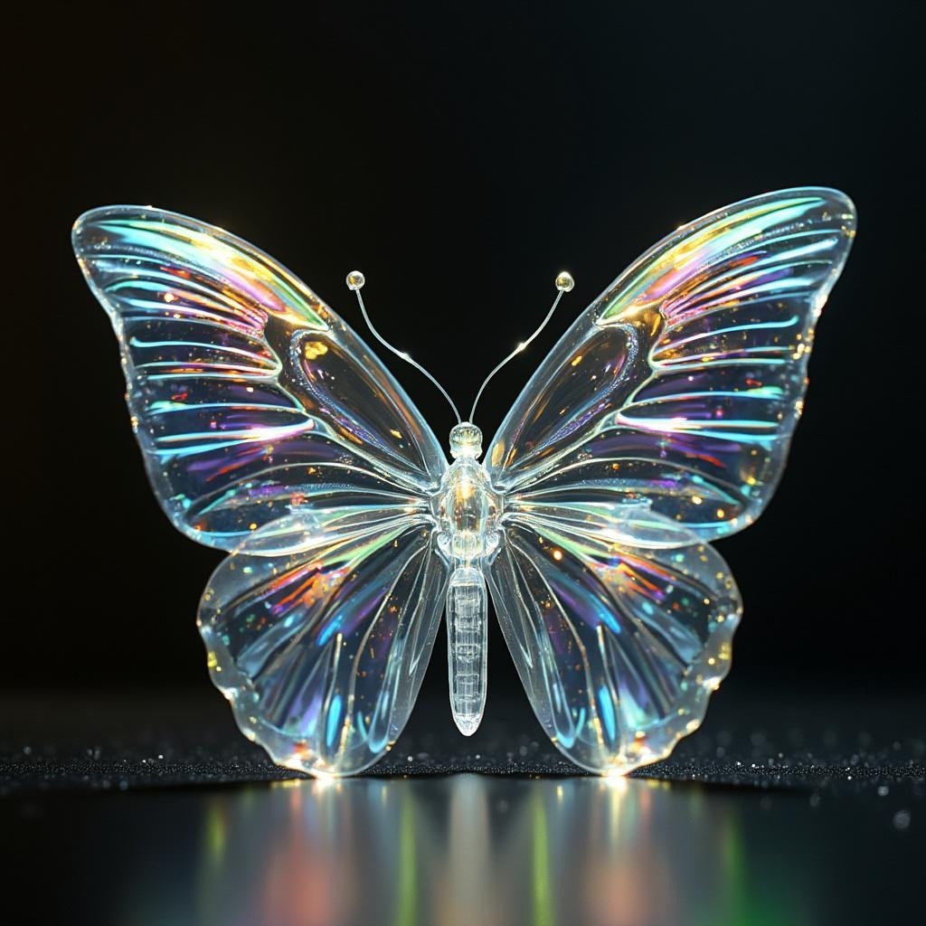 Translucent crystal butterfly art with iridescent colors
