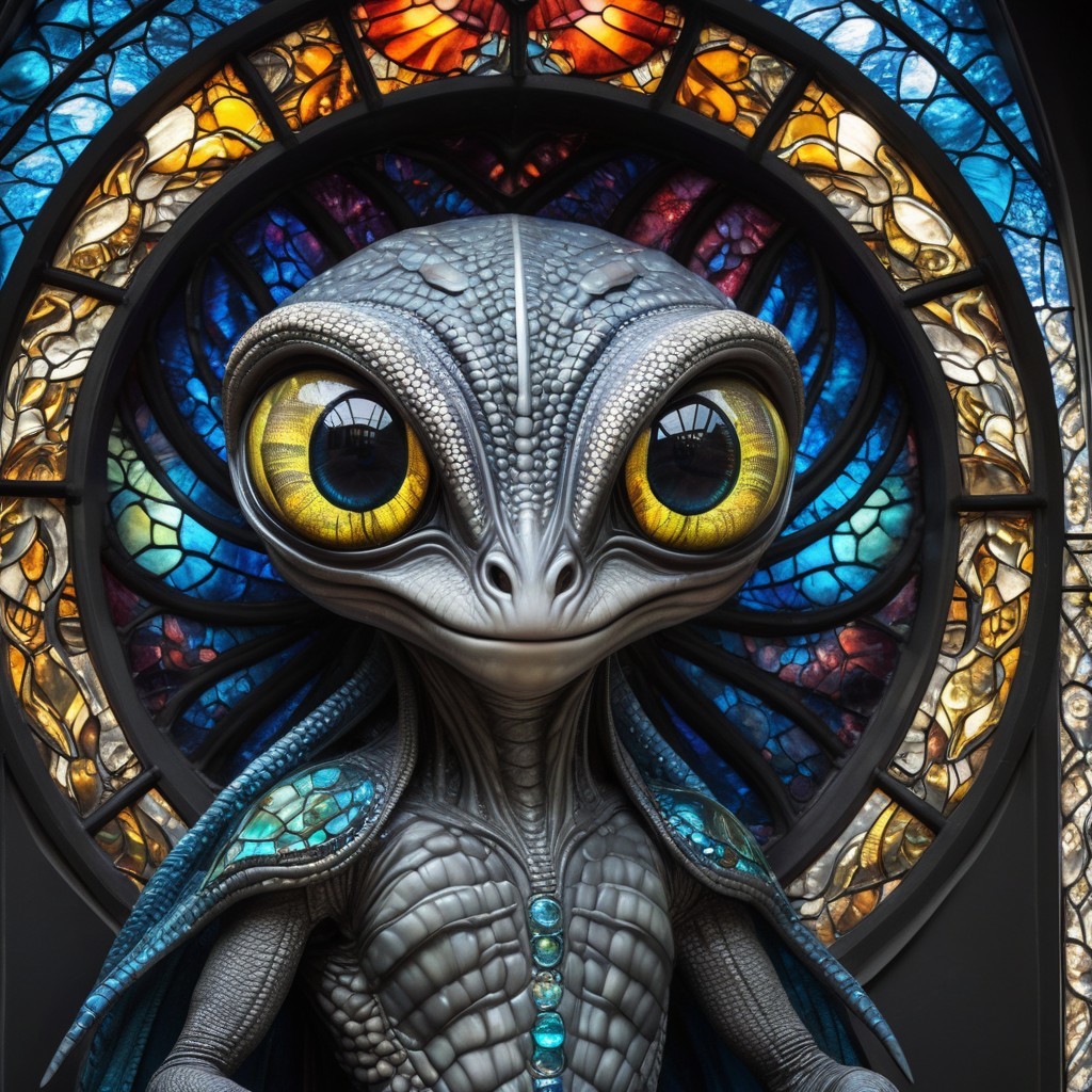 Stylized alien creature with stained glass backdrop