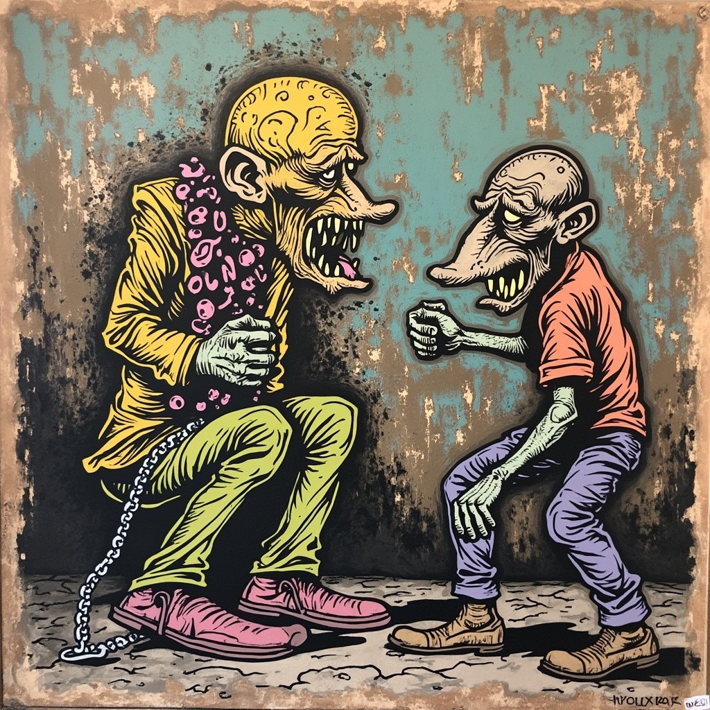 Caricature Figures in Grungy Background Artwork