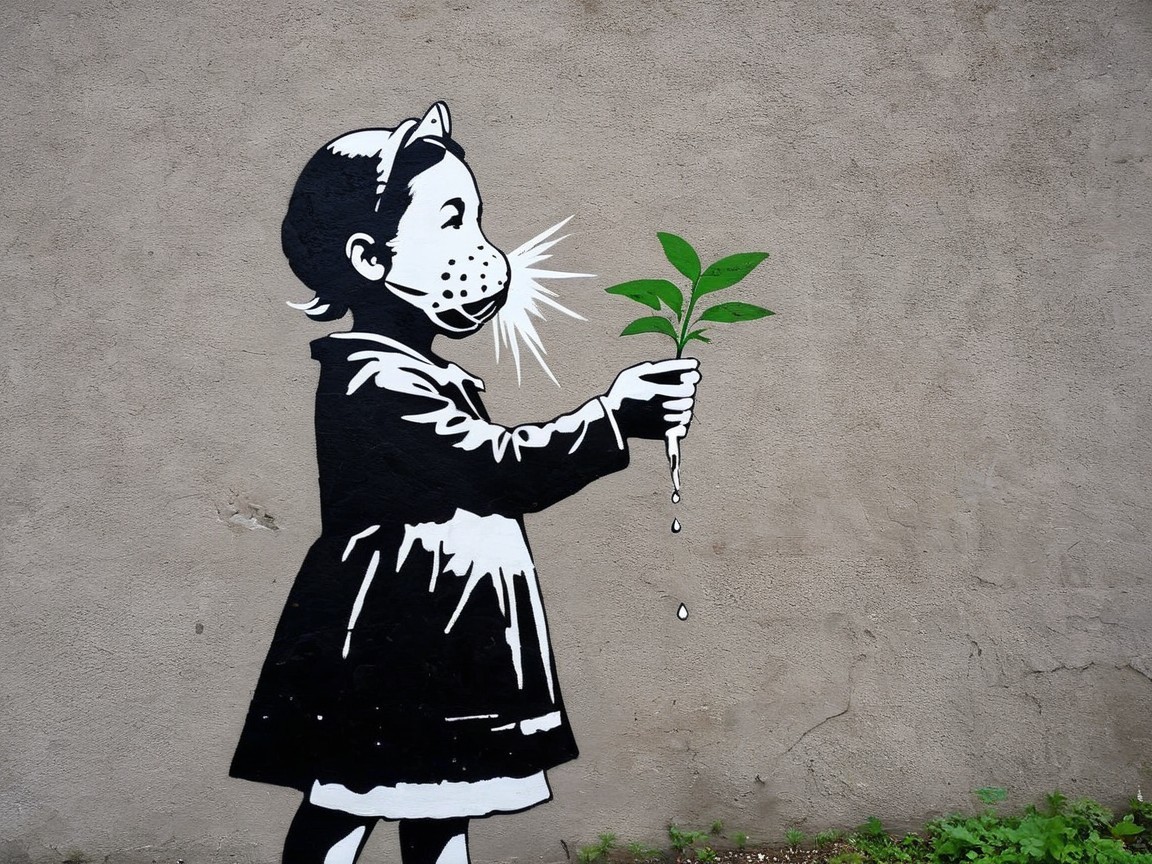 Street Mural of Girl with Mask and Plant Symbolizing Hope