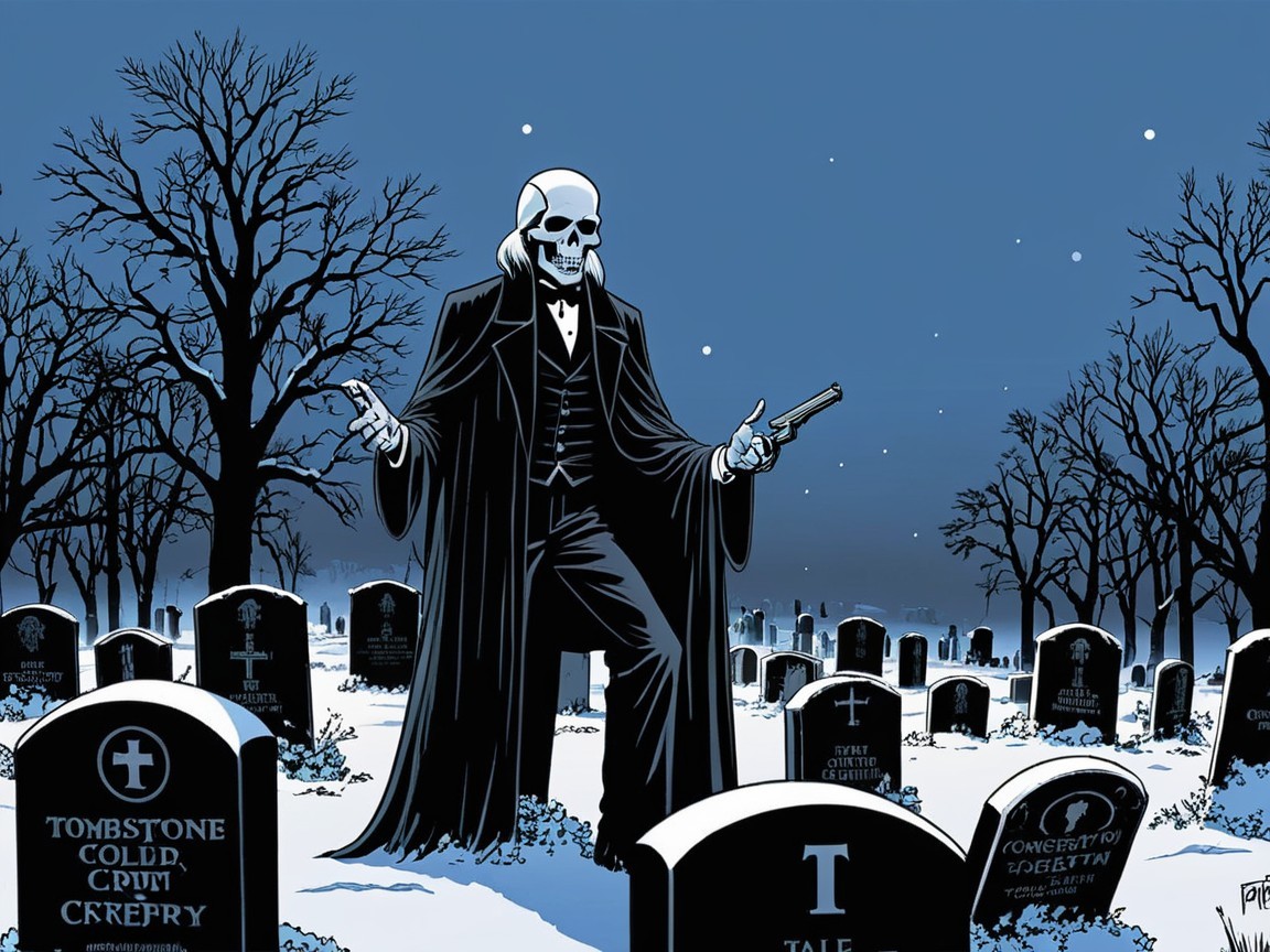 Skeletal Figure in Black Suit in Moonlit Graveyard