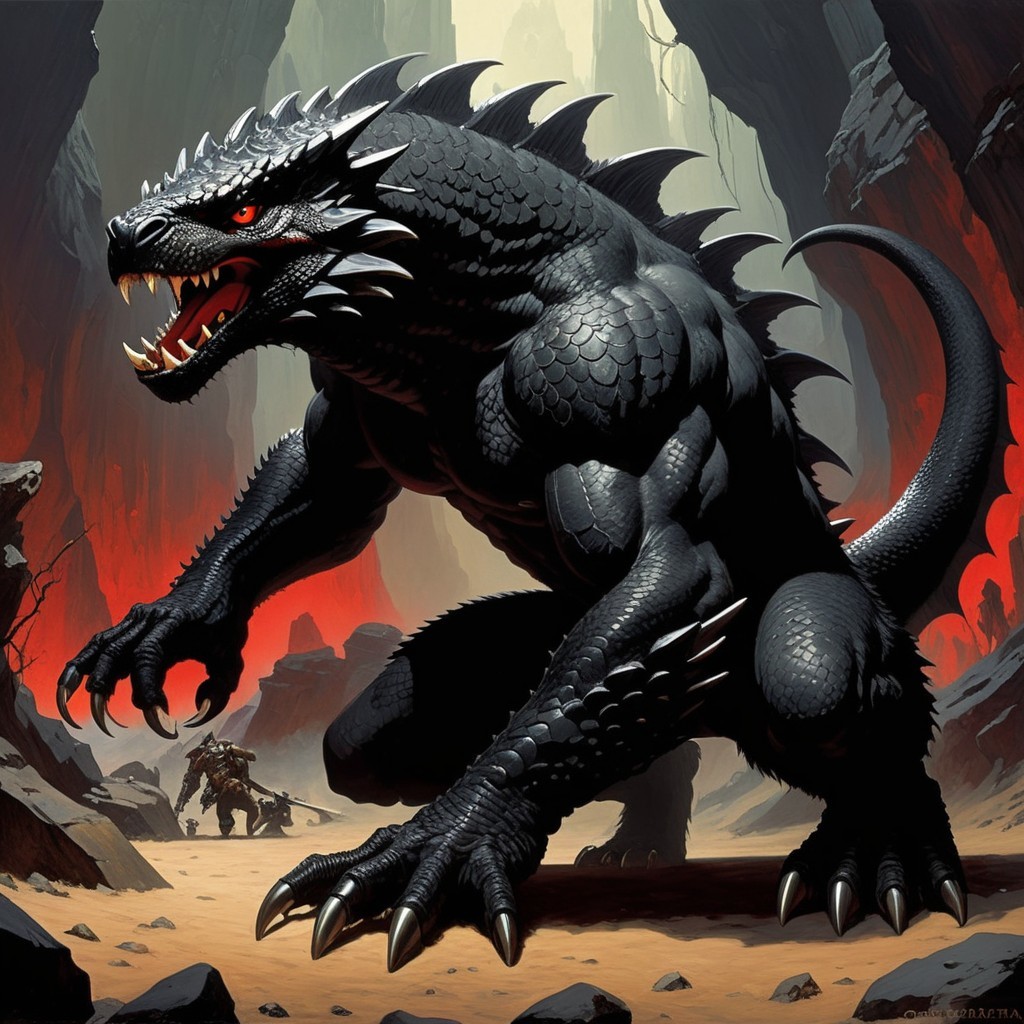 Massive Dragon on Rocky Terrain with Fiery Background