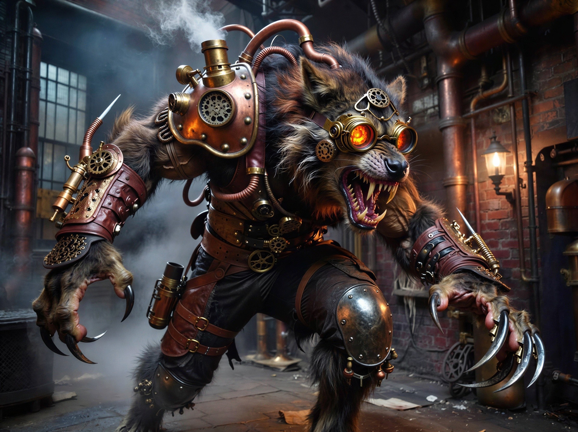 Steampunk Werewolf in Industrial Workshop Setting