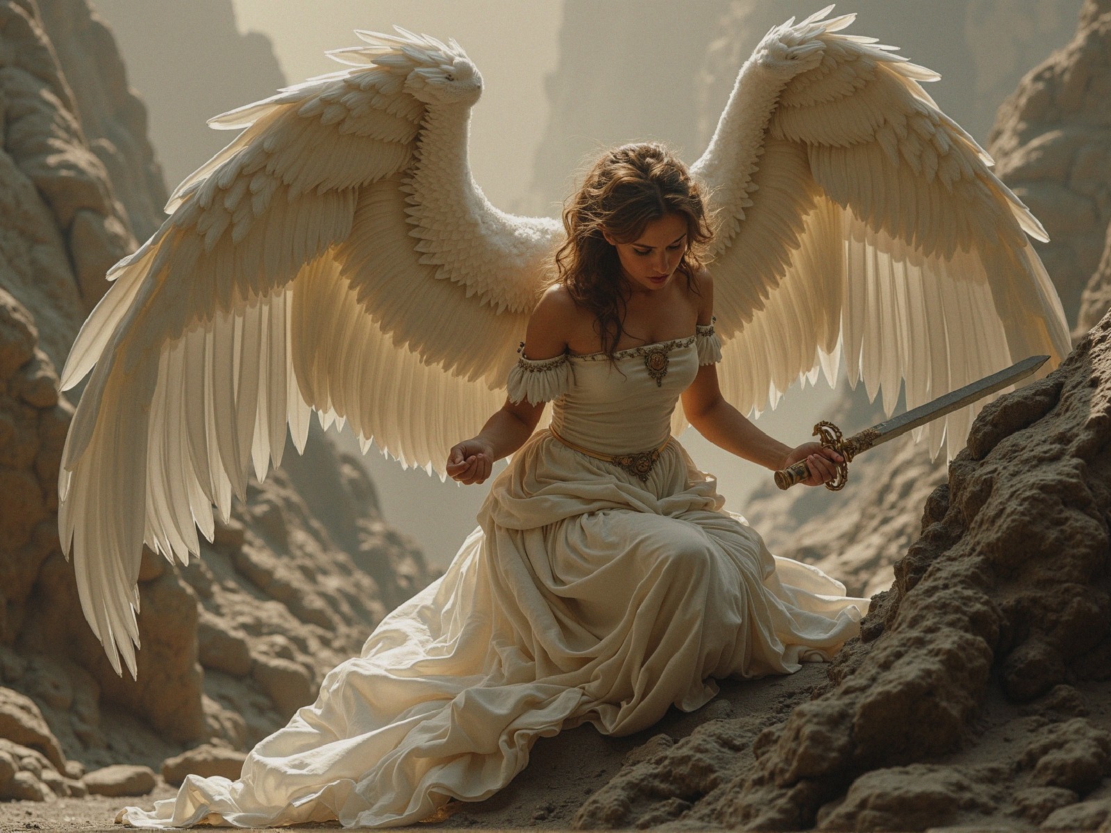 Angelic Woman with Wings and Sword in Canyon Setting