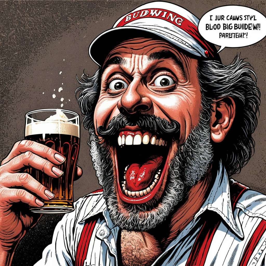 Jovial man with mustache and beer in vibrant setting
