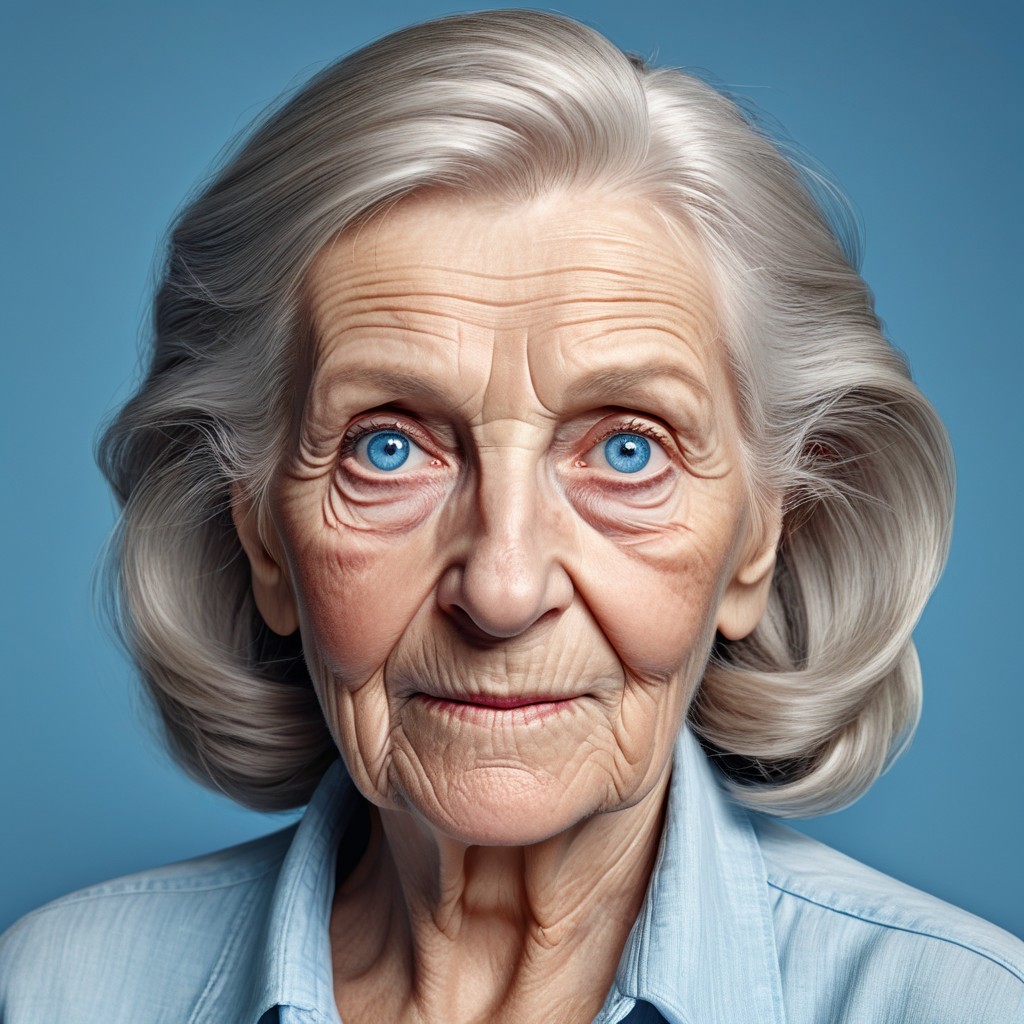 Close-up of an elderly woman with blue eyes and silver hair