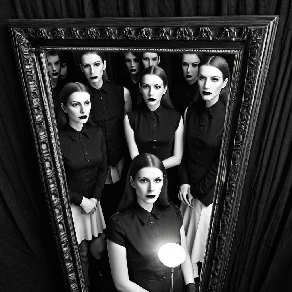 Identical Women in Black-and-White Mirror Scene