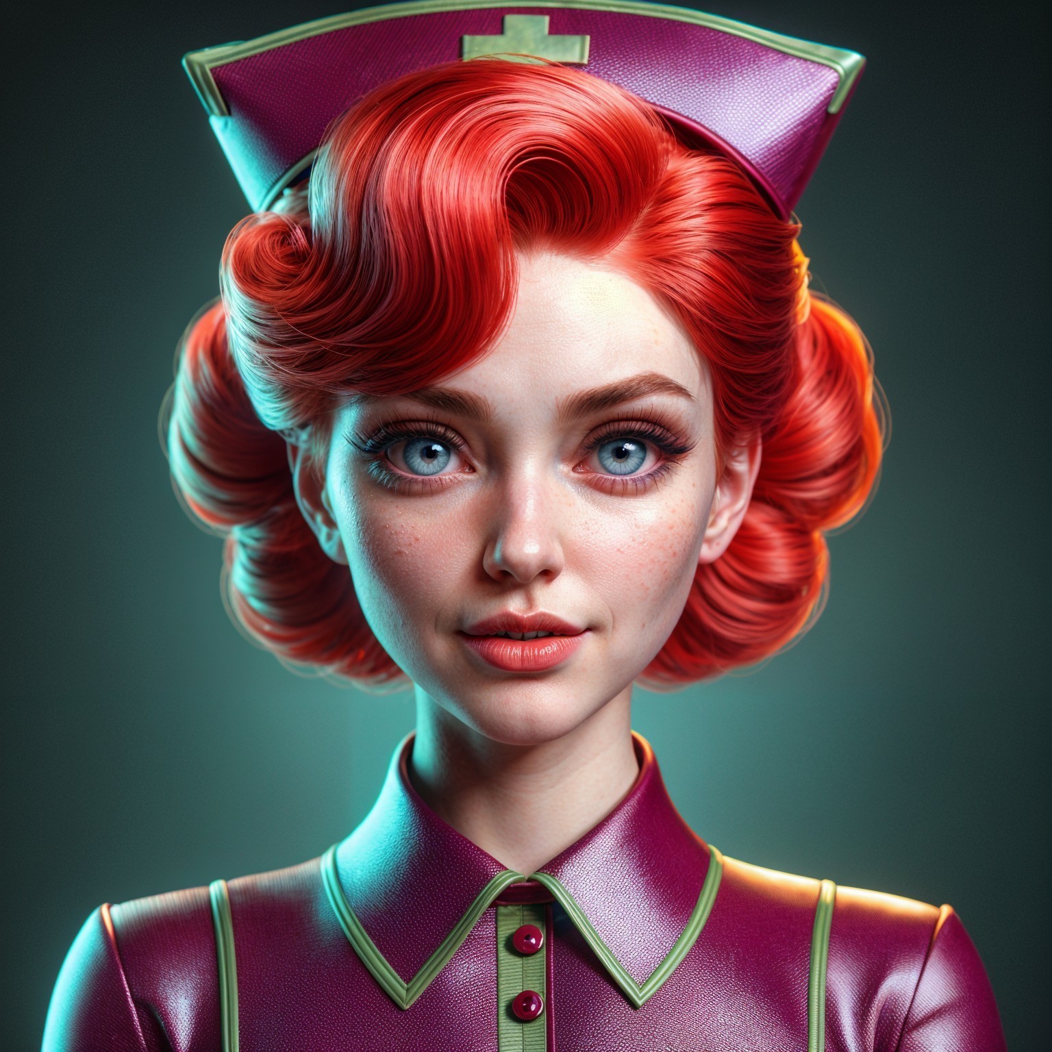 Young nurse in purple uniform with red curls and blue eyes