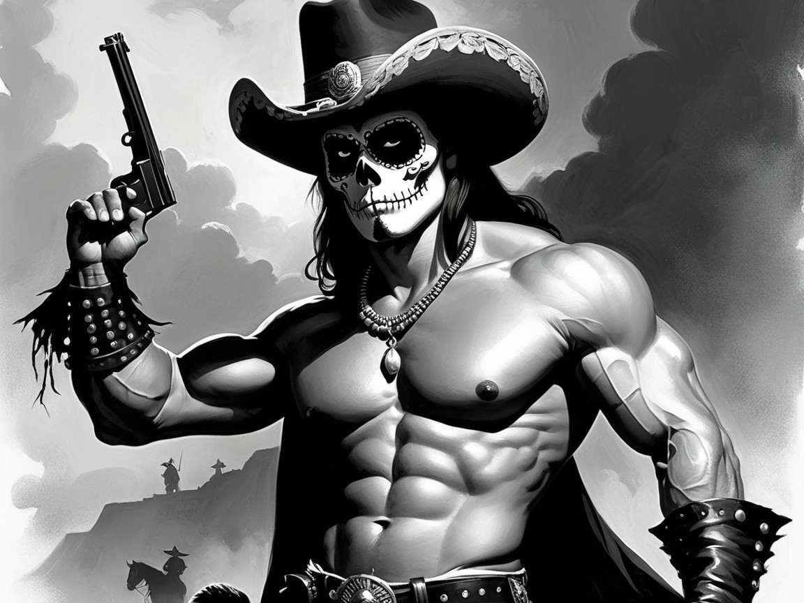 Muscular Figure in Sombrero with Skull Design