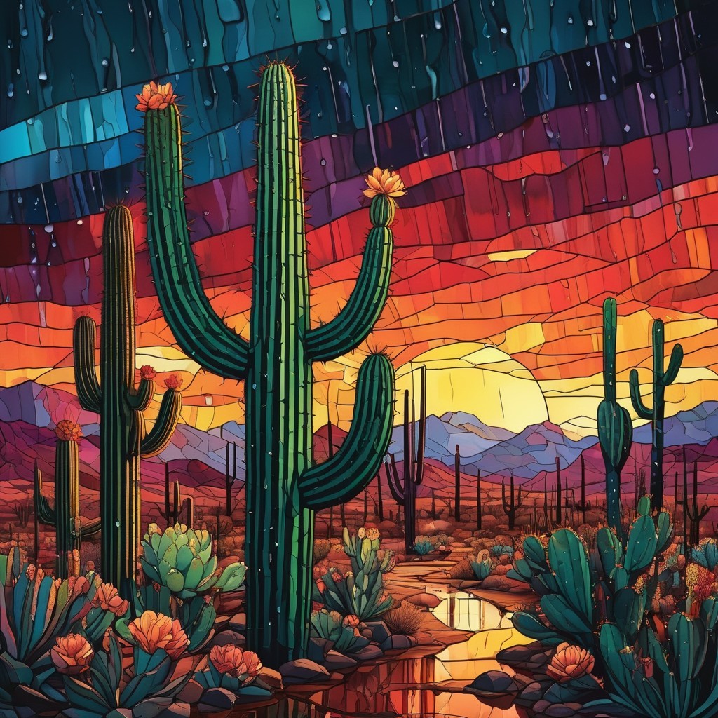 Vibrant Desert Landscape with Cacti and Sunset Sky