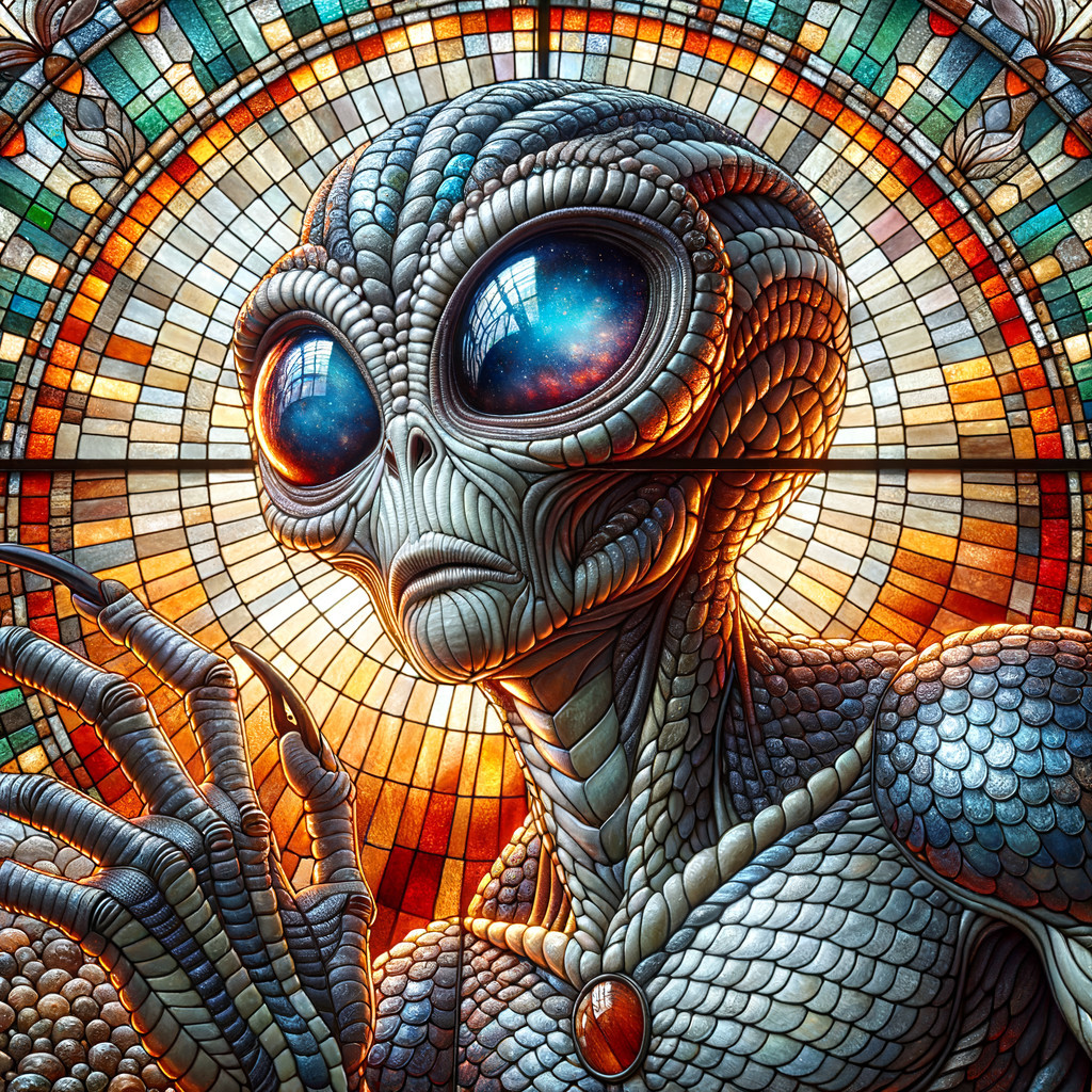 Stylized alien figure with cosmic eyes and stained glass