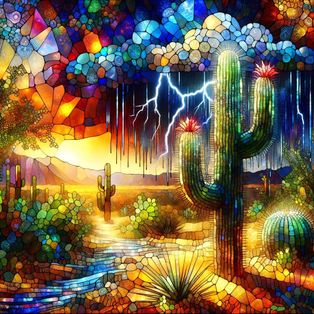 Vibrant Stained Glass Desert Landscape at Sunset