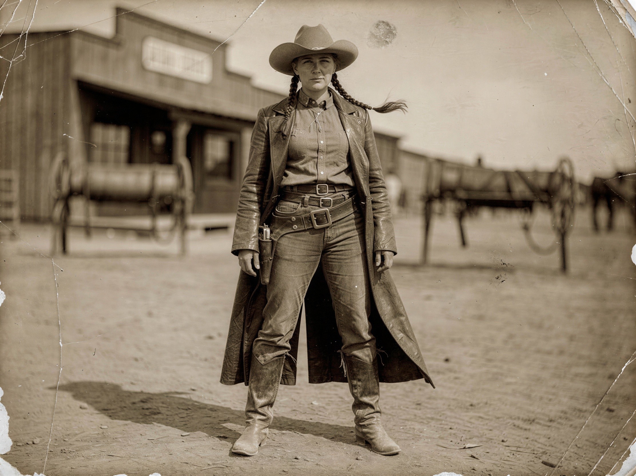 Sepia-Toned Portrait of a Female Cowboy in Old West