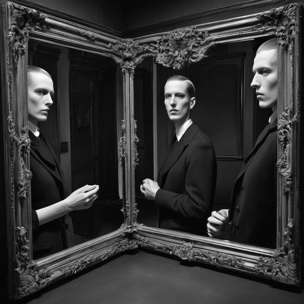 Androgynous Figure in Tailored Suit Reflecting in Mirror