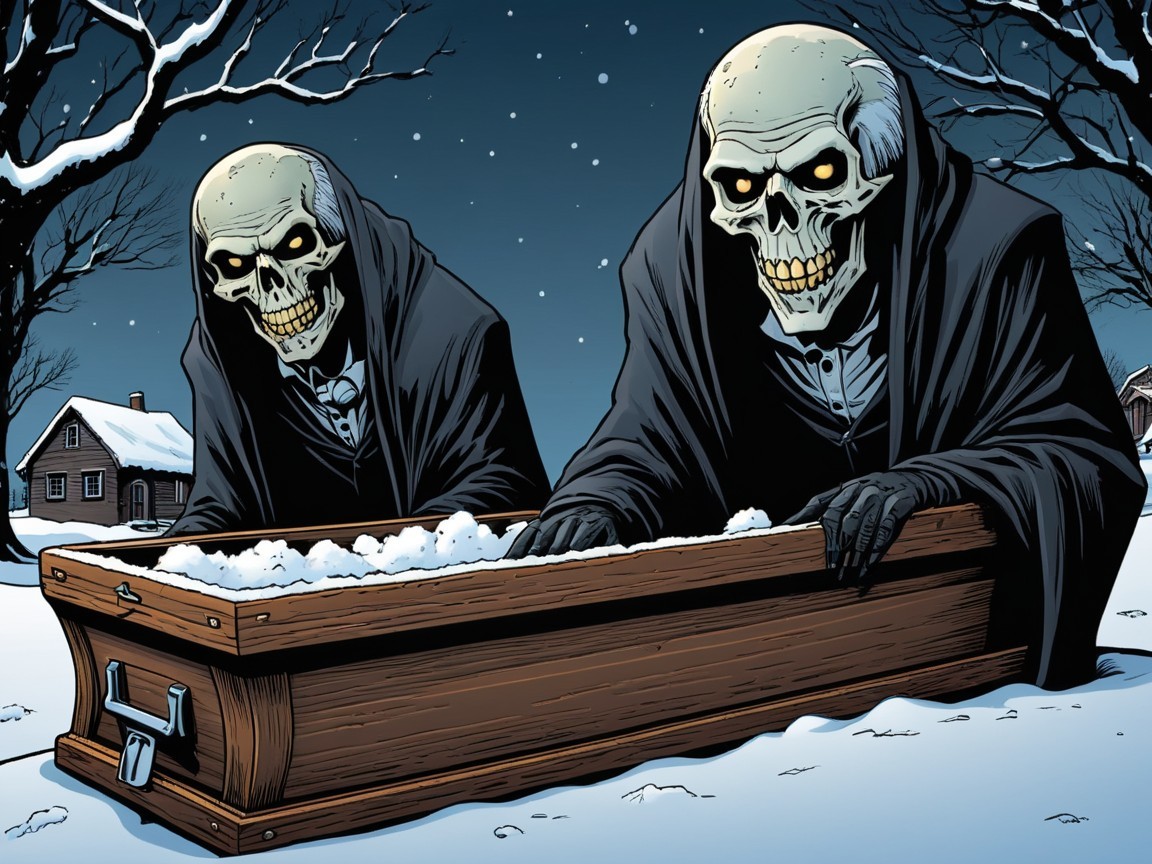 Skeletal Figures by Coffin in Snowy Landscape Scene